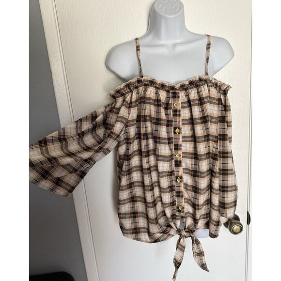 New Glory Off The Shoulder Crop Front Tie Knot Button Brown Peach Plaid WM 2X - Picture 2 of 16